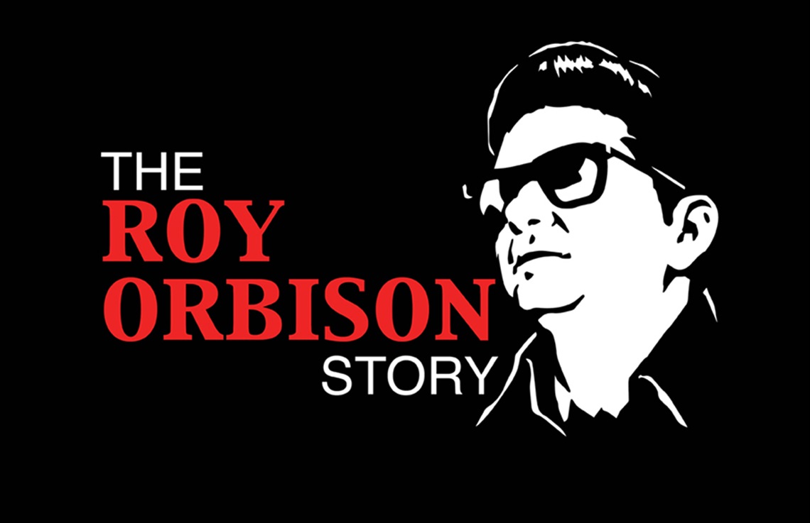 Black and white illustration of Roy Orbison with the title of the show in red on the left hand side