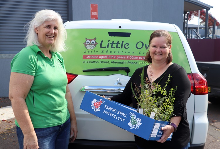 Council worker with resident holding seedlings from previous tree giveaway event