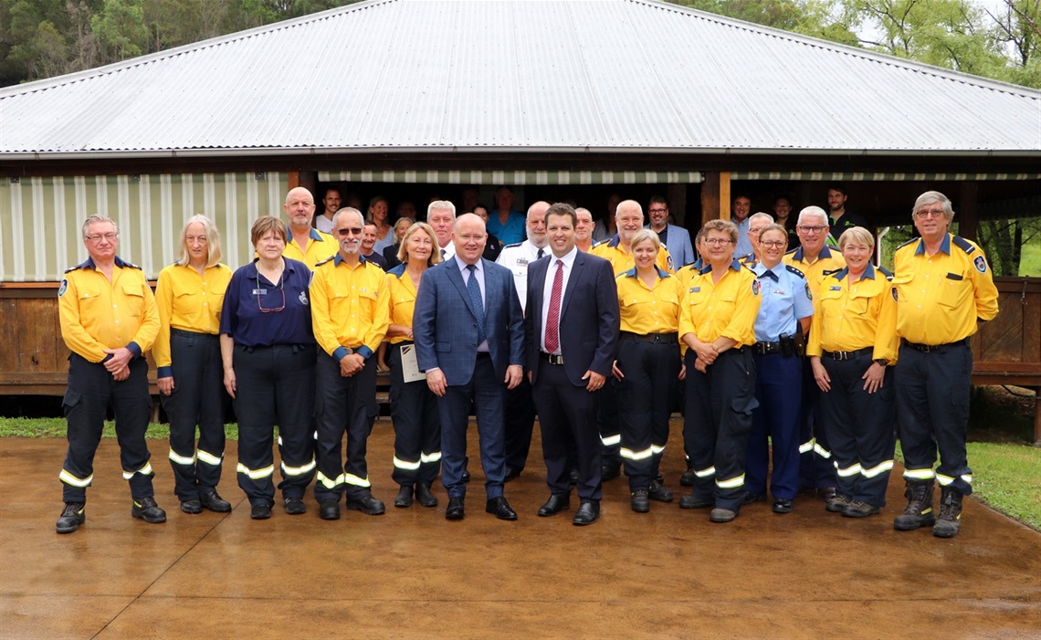 Commissioner Shane Fitzsimmons, Mayor Jay Suvaal and Lower Hunter RFS Officers at Laguna Community Hall