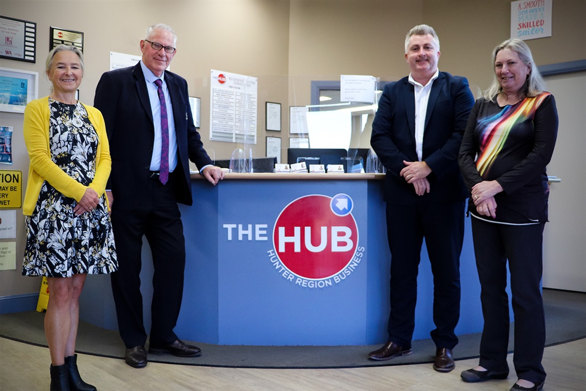 Image of Cessnock City Council General Manager, Lotta Jackson; Cessnock City Mayor, Councillor Bob Pynsent; Hunter Region Business Hub Digital Business Advisor, Troy White; and Hunter Region Business Hub General Manager, Kerry Hallett. 