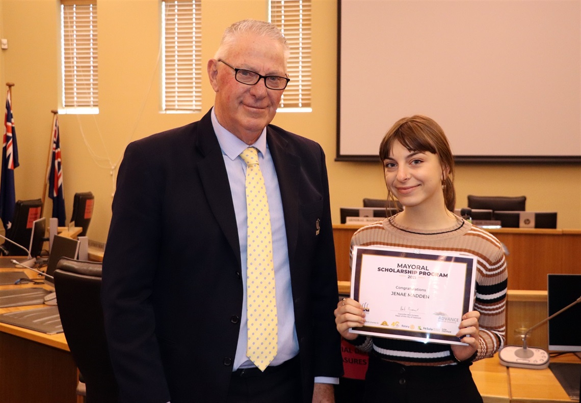 Mayor Bob Pynsent with recipient Jenae Madden