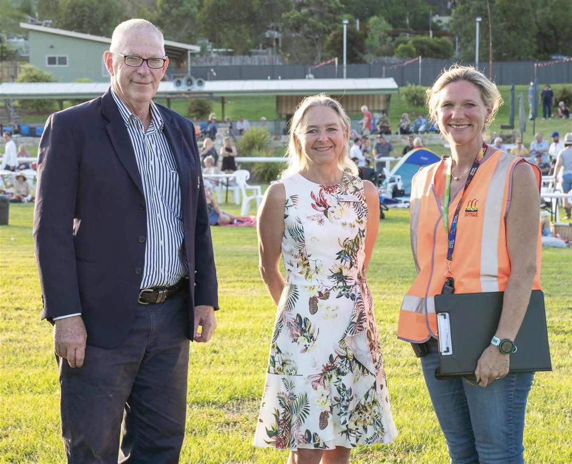 Image of Cessnock City Mayor, Cr Bob Pynsent, Council's General Manager Lotta Jackson and Council's Community Recovery Officer, Melissa Boucher at the Community Recovery on the Green event in December last year held in Laguna.
