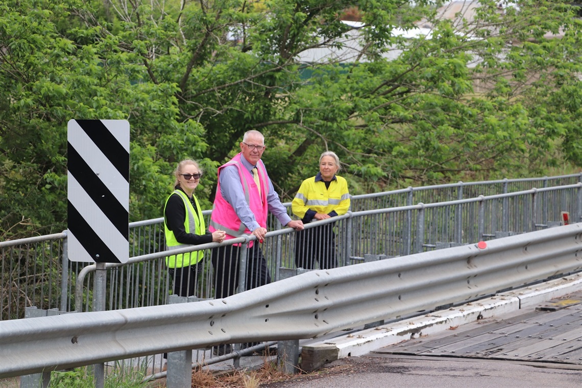 Council's Manager of Infrastructure Katrina Kerr, Mayor, Cr Bob Pynsent and General Manager Lotta Jackson pictured standing on Kline Street Bridge.