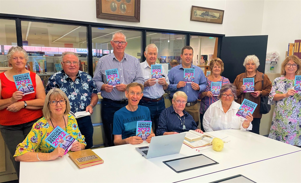 Mayor Jay Suvaal with his grandfather Arthur, 2022 Seniors Festival Ambassador Bob Pynsent and Seniors Festival Reference Group members at Cessnock Library
