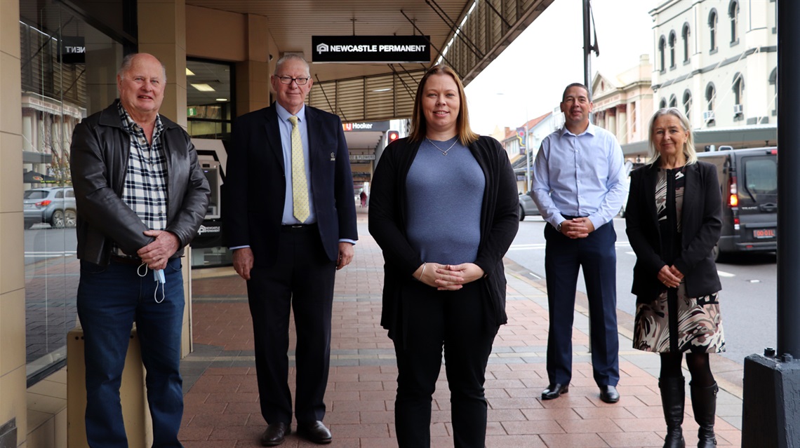 Towns with Heart Toby Thomas, Mayor Cr Pynsent, Towns with Heart Community Project Manager Towns with Heart, Jane Fowler, Council's Economic Development and Tourism Manager Tony Chadwick and General Manager Lotta Jackson pictured in the Cessnock CBD.