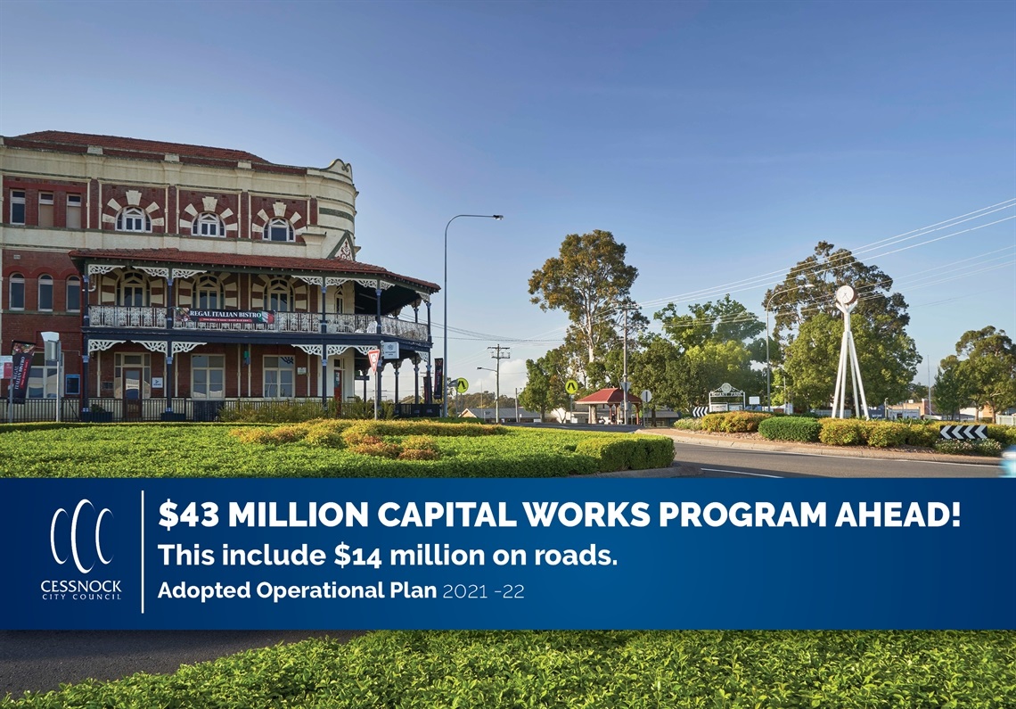 Photo of pub in Kurri Kurri with blue band across the bottom containing a white CCC logo and text that reads '$43 million capital works program ahead!'