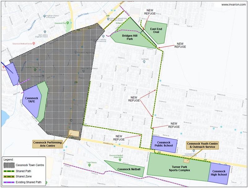 Aerial map of Cessnock CBD Shared Pathway project