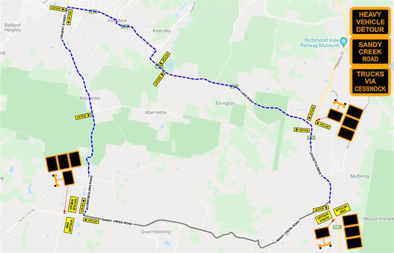 Aerial map of Sandy Creek Road, Mount Vincent heavy vehicle detour