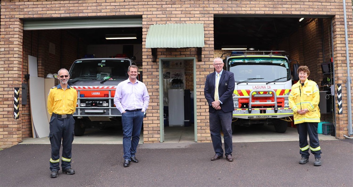 Laguna RFS Captain Andrew Jones, Member for Cessnock Clayton Barr MP, Cessnock City Mayor, Cr Bob Pynsent and Bucketty RFS President Louise Gee pictured in front of the soon to be upgraded shed at Laguna.