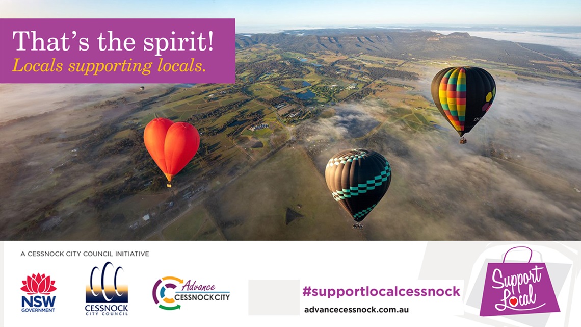 Support Local Cessonck branded image of hot air ballooning over Pokolbin