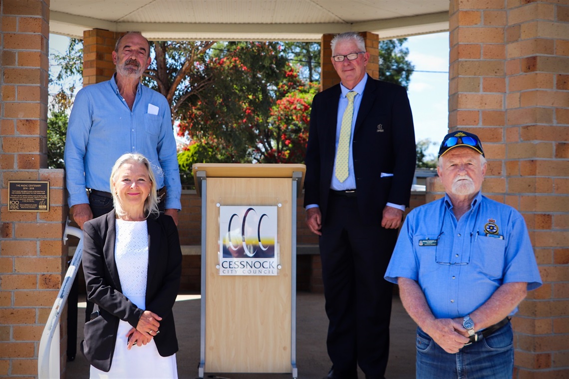 Image of President of the Central Hunter Business Chamber-Mike Lowing, Council’s General Manager Lotta Jackson, Mayor Bob Pynsent and Brian Furner the Branxton RSL sub-branch President.