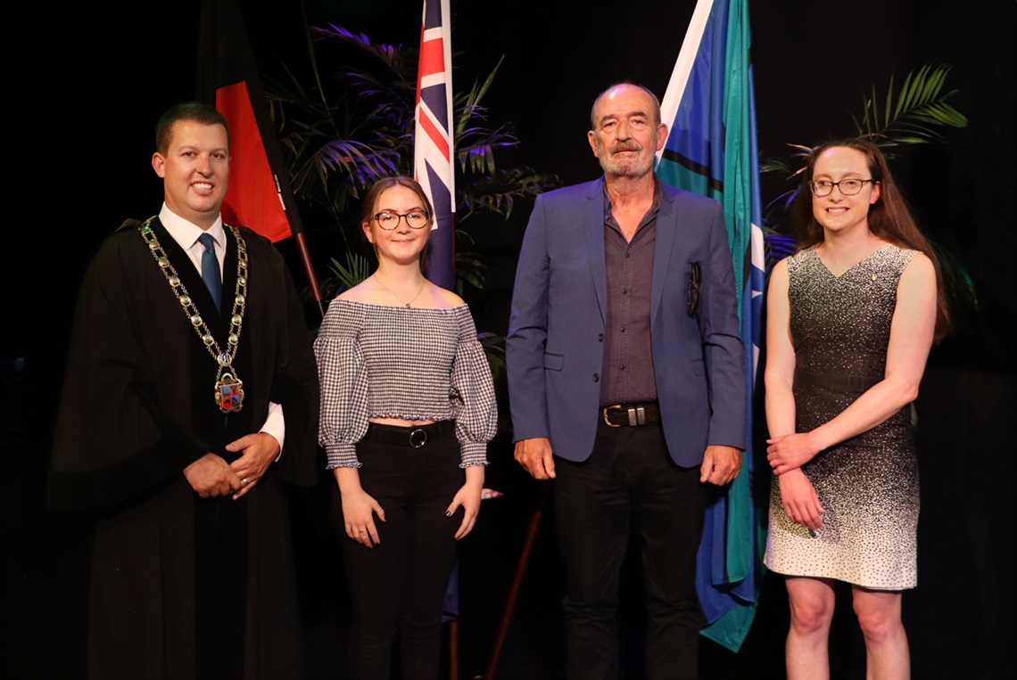 CCC Mayor Jay Suvaal, Young Citizen of the Year Isabella Metcalfe, Senior Citizen of the Year Michael Lowing and Australia Day Ambassador Prue Watt OAM at the 2022 Cessnock Australia Day Awards