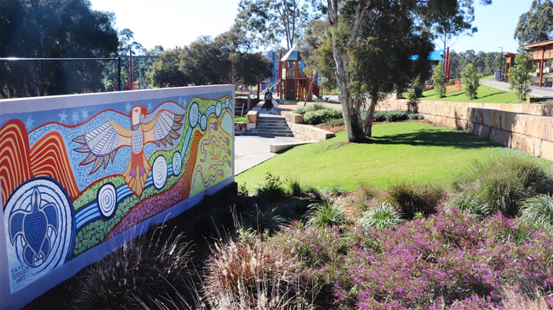 Commissioned mural by Silky Street Art at Bridges Hill Park