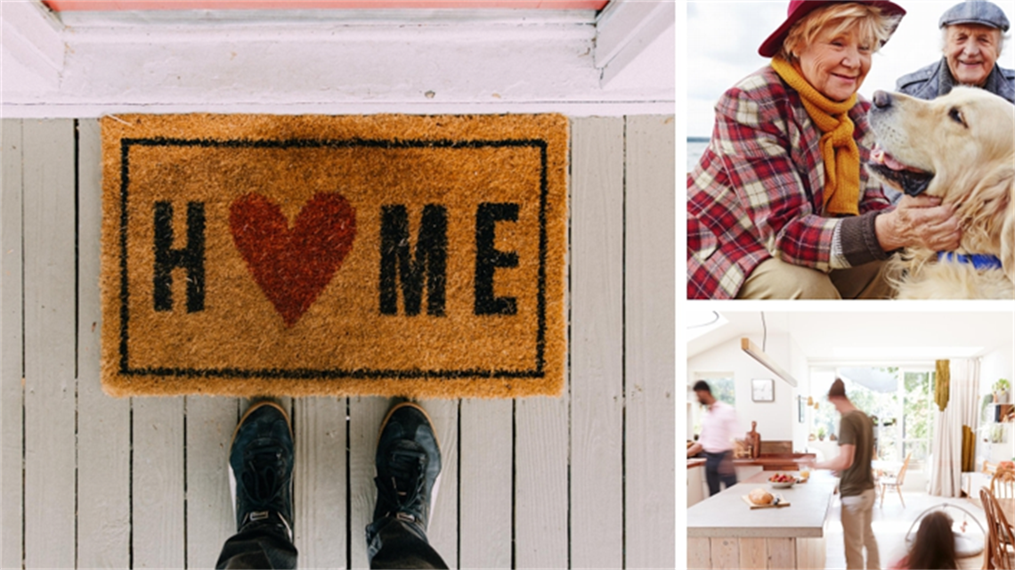Left: Image of man standing on welcome mat at entry to home; Top right: Image of elderly lady and man patting a dog; Bottom right: Image of couple and a child standing in open plan kitchen