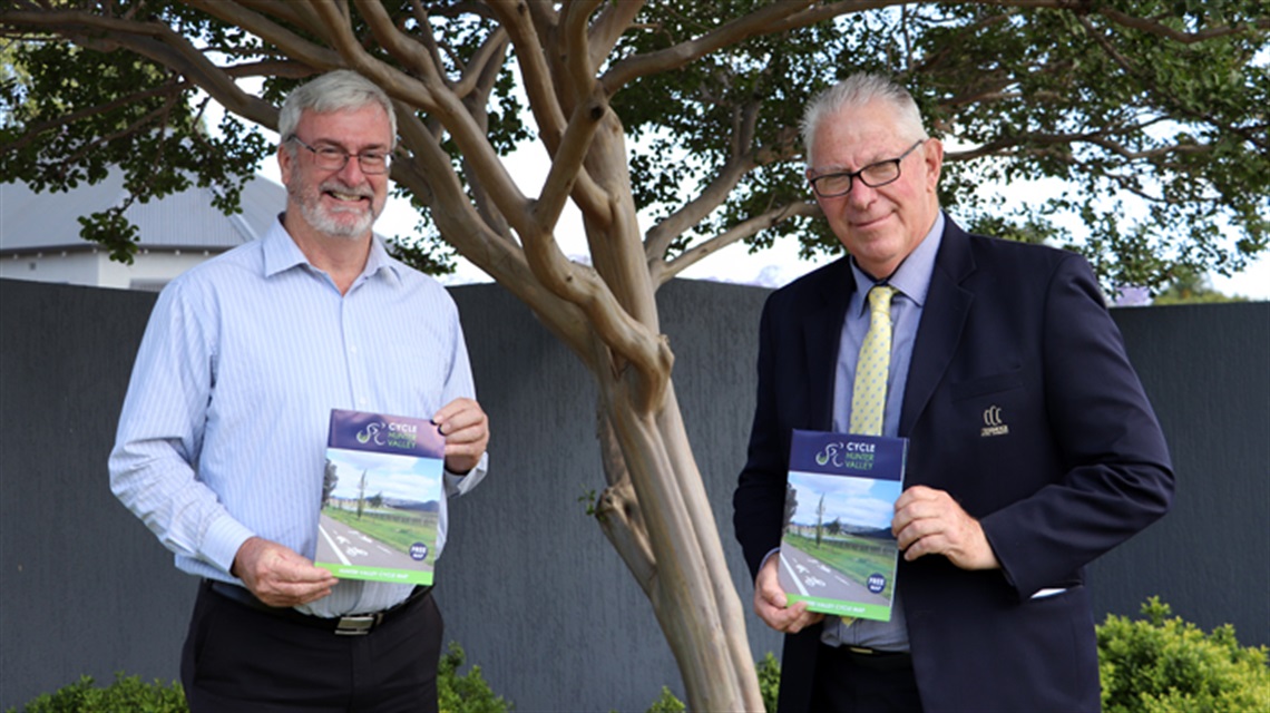 Cessnock City Council Economic Development Officer Brad Sangster, and Cessnock City Mayor, Cr Bob Pynsent with the launch of Cycle Hunter Valley