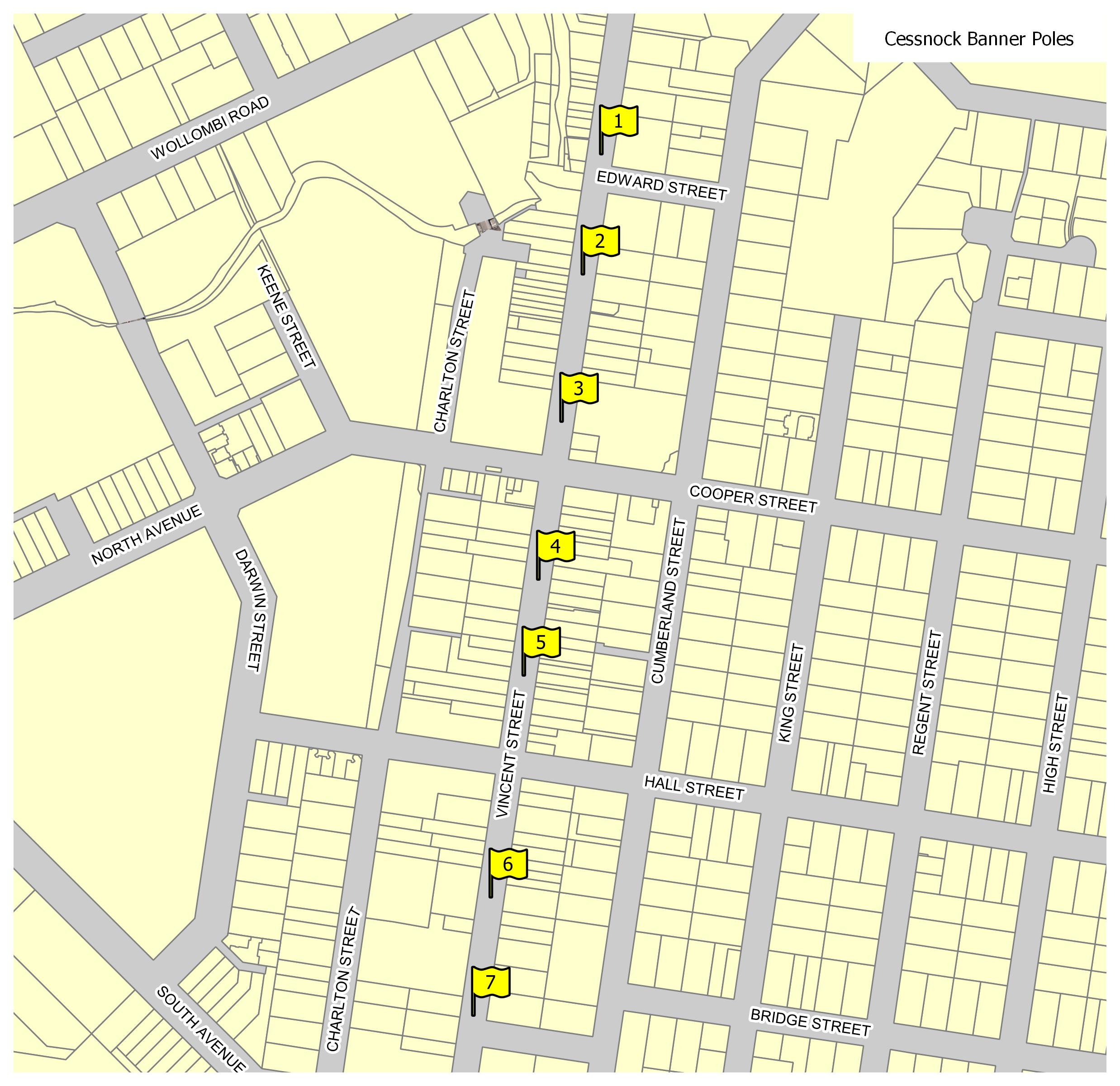 Map of banner pole locations in Cessnock
