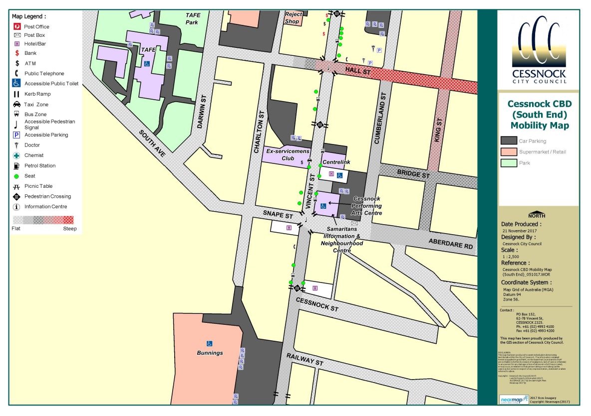 Map of mobility and accessibility in Cessnock CBD (south end)