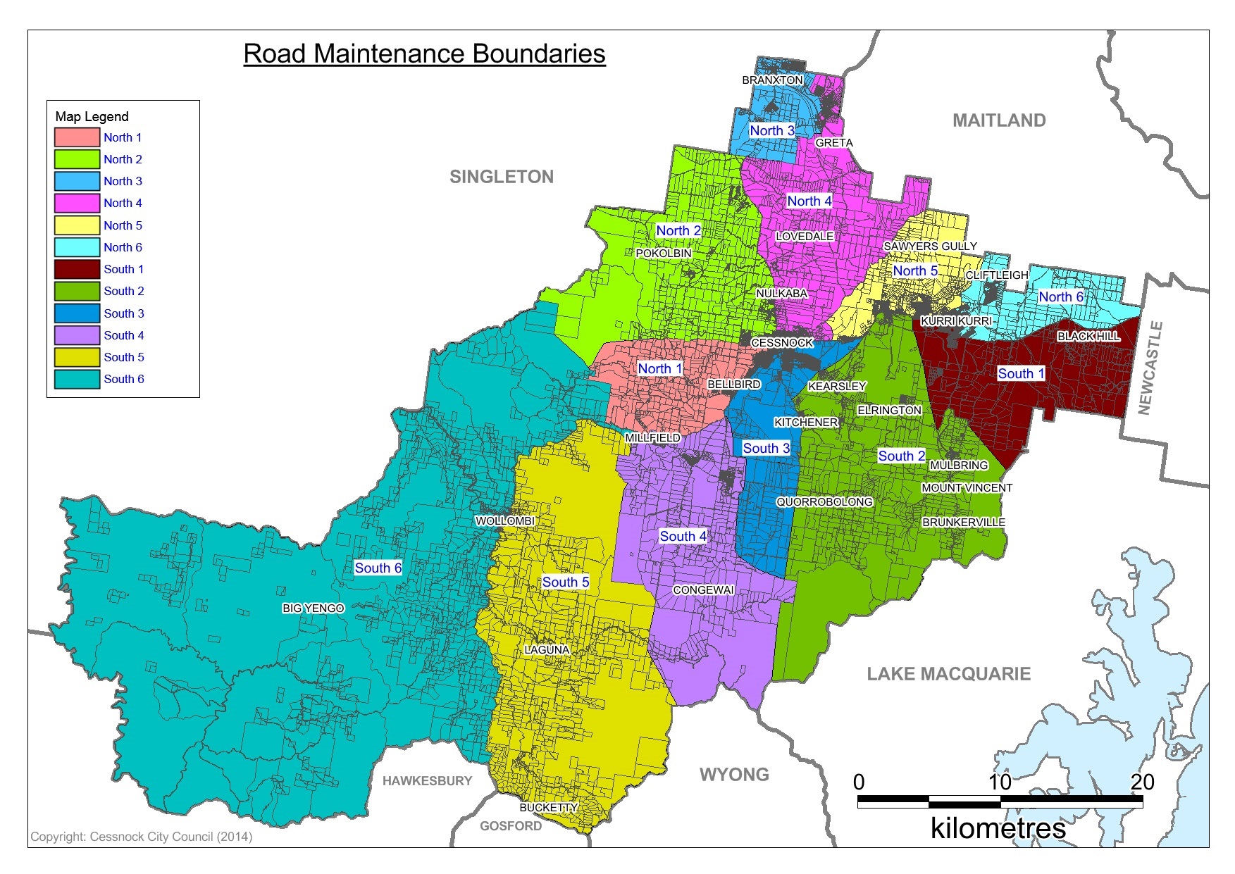 Map of road maintenance boundaries in the Cessnock Local Government Area