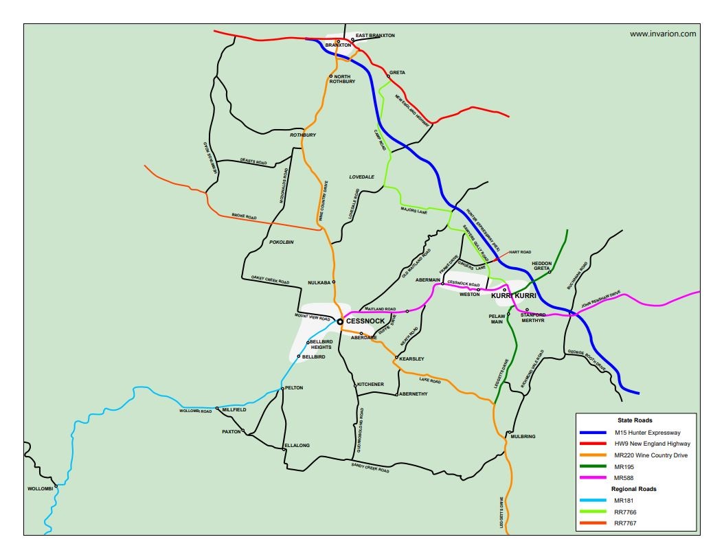 Map of which management bodies are responsible for each road in the Cessnock local government area