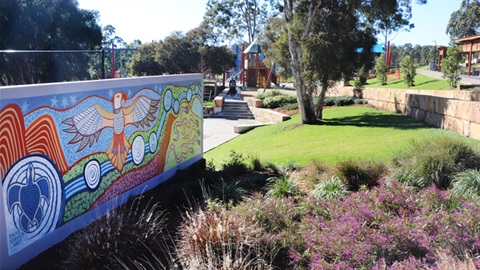 Completed Bridges Hill Park with commissioned mural by Silky Street Art