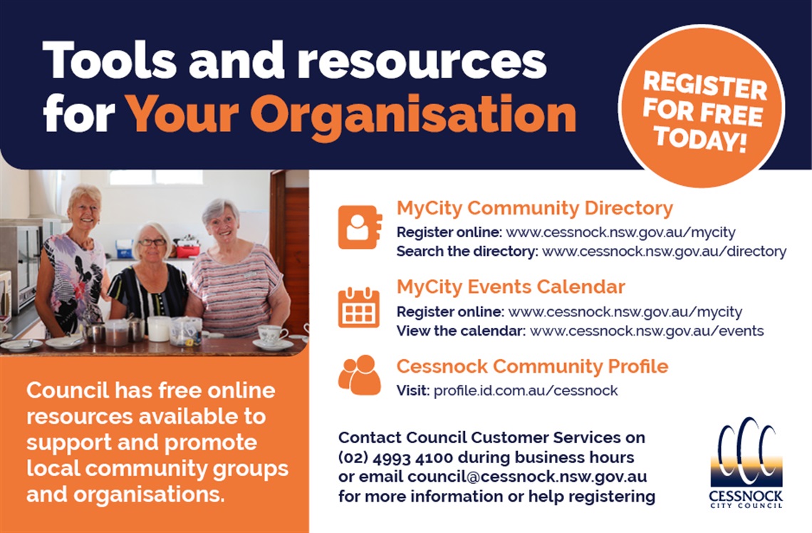 MyCity graphic with photo of older women in kitchen cooking, information on MyCity, and URLs to the MyCity Community Directory, MyCity Events Calendar and Cessnock Community Profile