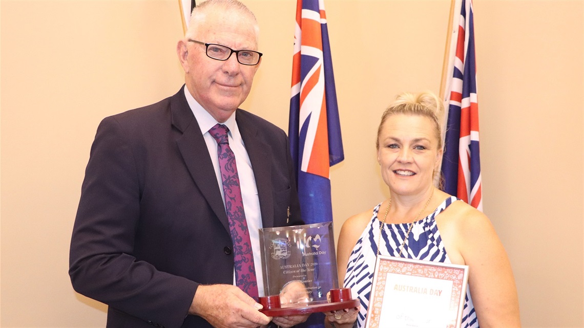 Photo of Mayor Bob Pynsent standing next to 2020 Australia Day Citizen of the Year Award recipient Melissa Gontier